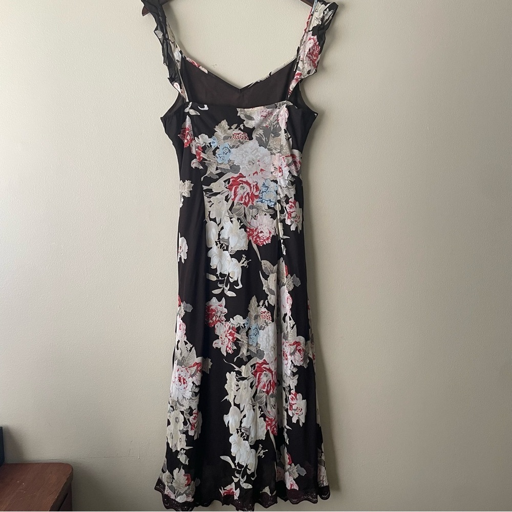 Jeunesse VTG Midi Floral Dress Women’s 14 Chocolate Brown Feminine Romantic - Picture 2 of 9